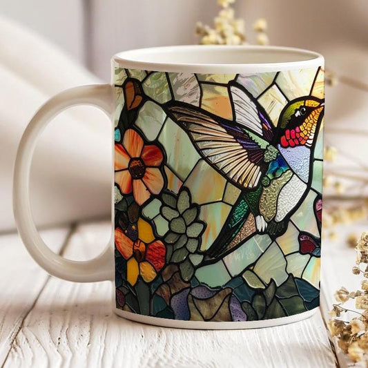 Hummingbird Stained Glass Mug, Birds Lover Tea Cup, Nature Lover Gift, Decorative Ceramic Mug 11 Oz, Hummingbird Mug Gift, Mug Idea Gift