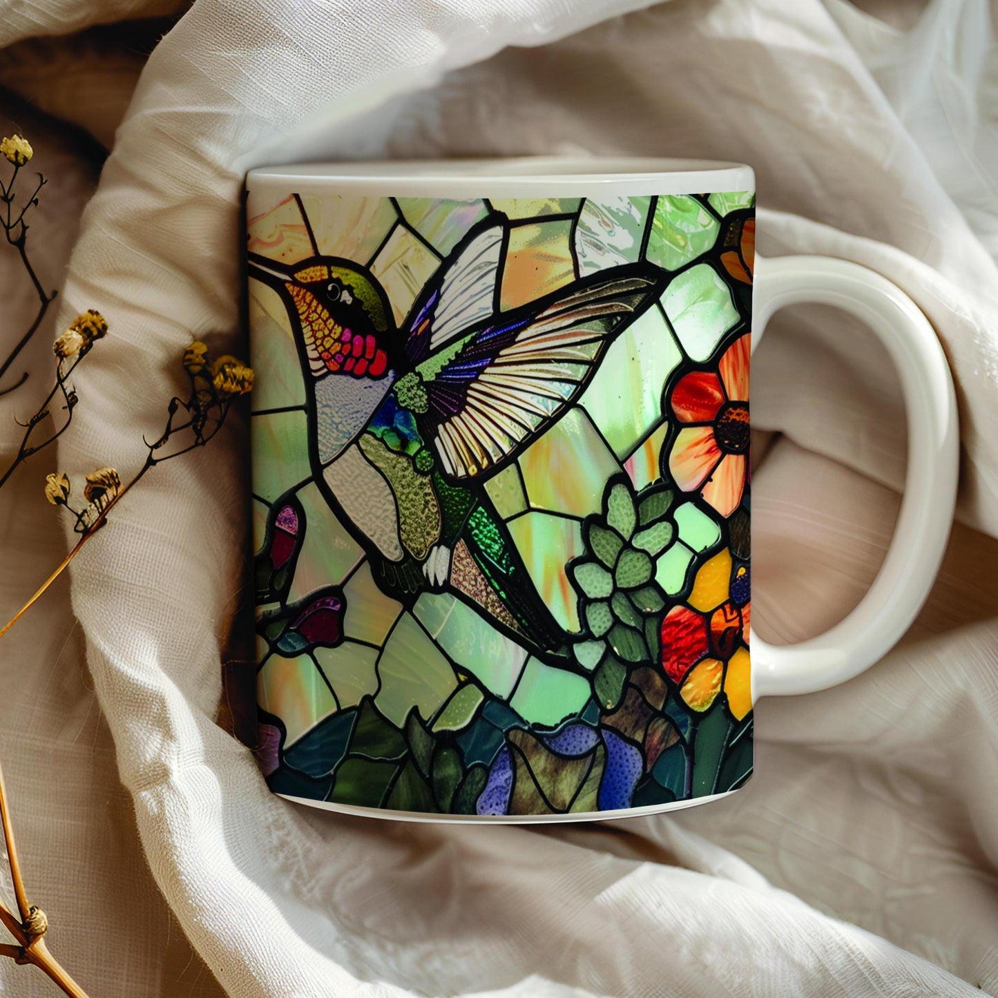 Hummingbird Stained Glass Mug, Birds Lover Tea Cup, Nature Lover Gift, Decorative Ceramic Mug 11 Oz, Hummingbird Mug Gift, Mug Idea Gift