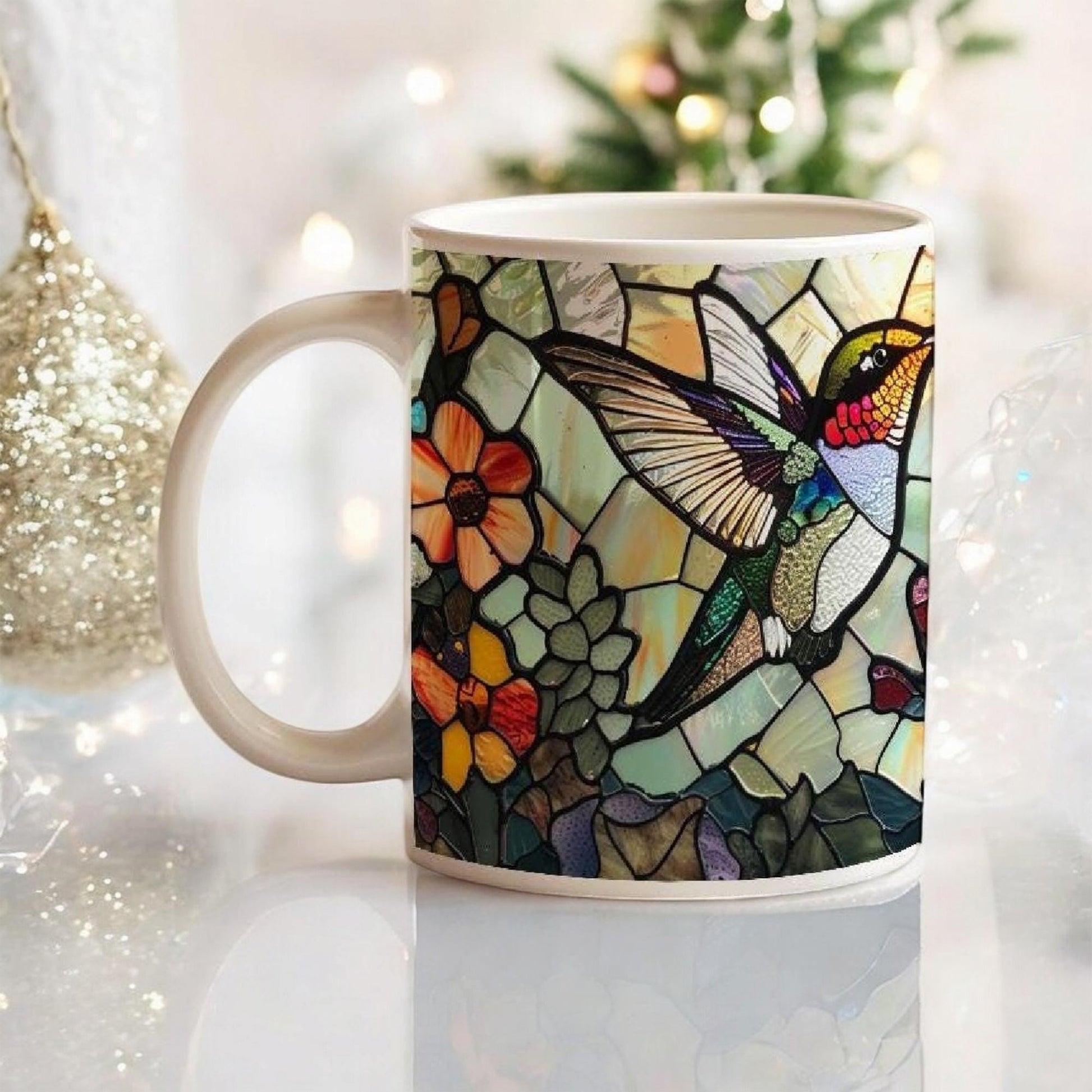 Hummingbird Stained Glass Effect Mug, Birds Lover Tea Cup, Nature Lover Gift, Decorative Ceramic Mug 11 Oz, Hummingbird Mug Gift, Gift Idea