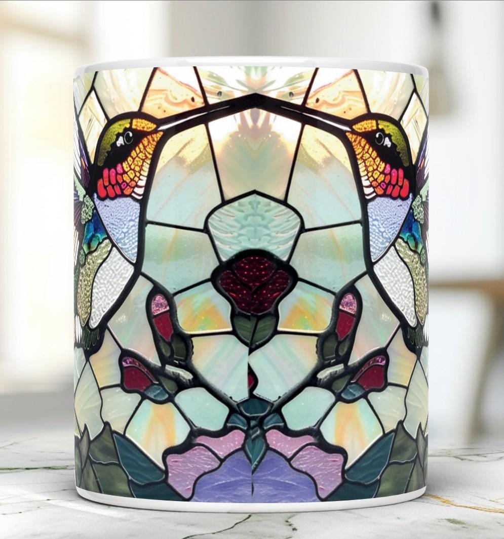 Hummingbird Stained Glass Mug, Birds Lover Tea Cup, Nature Lover Gift, Decorative Ceramic Mug 11 Oz, Hummingbird Mug Gift, Mug Idea Gift