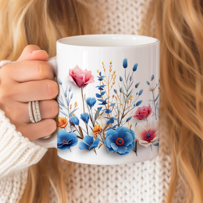 Pressed Flower Mug, Wildflowers Coffee Mug, Boho Tea Cup, Flower Garden Lover, Ceramic 11 Oz Mug With Flowers Pattern, Gift for Flower Lover
