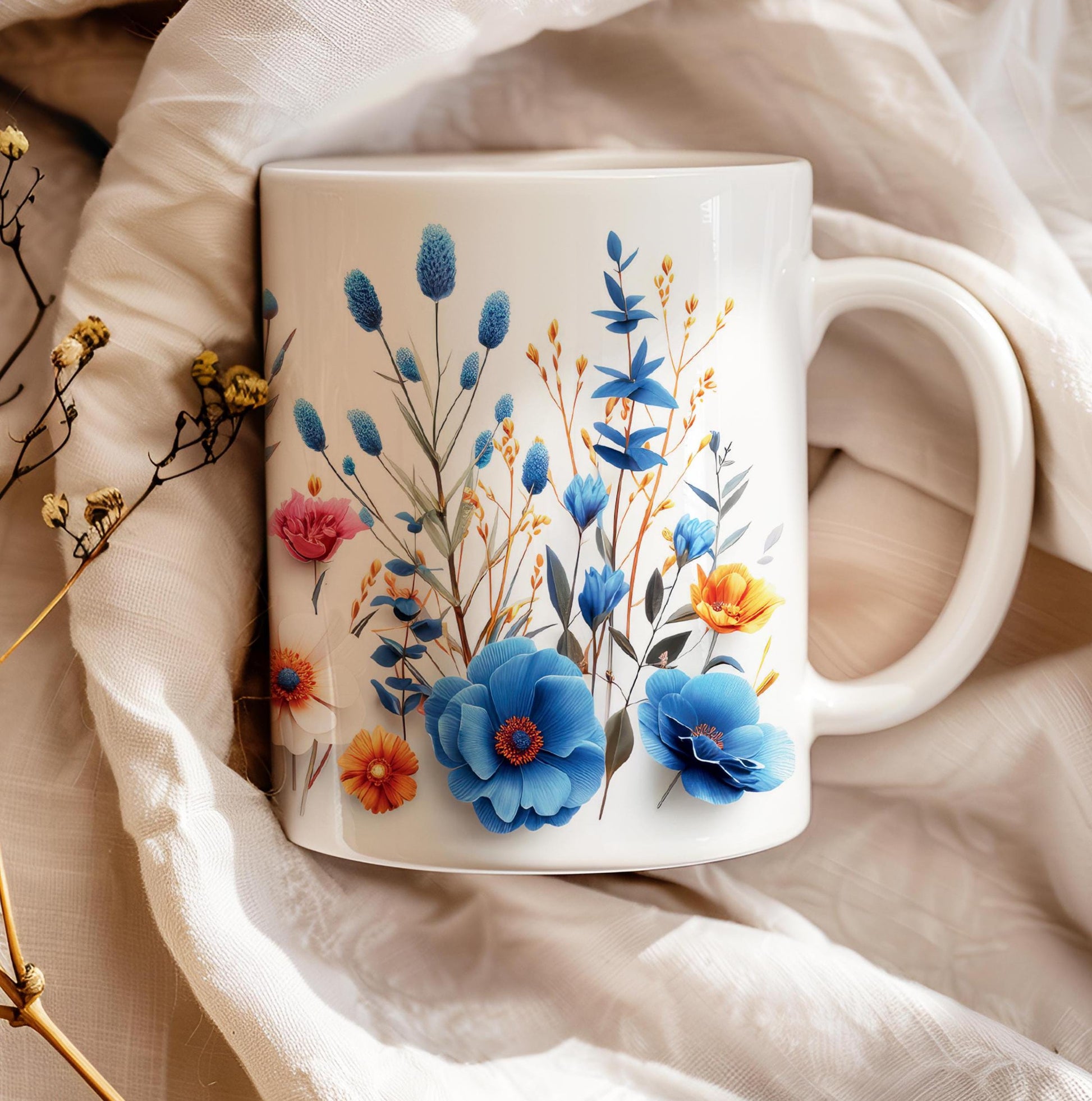 Pressed Flowers Mug, Boho Wildflowers Cottagecore Coffee Mug, Flower Garden Lover, Gift For Her, Botanical, Spring Floral Nature