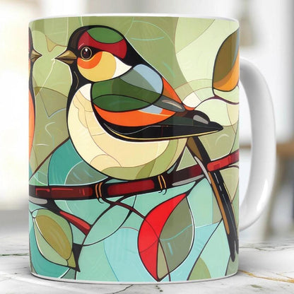 Birds Stained Glass Mug, Perfect Gift for Bird Enthusiast, Nature Lover, Ceramic 11 Oz Birds Coffee Mug, Tea Cup With Bird Image, Ornithologist Gift