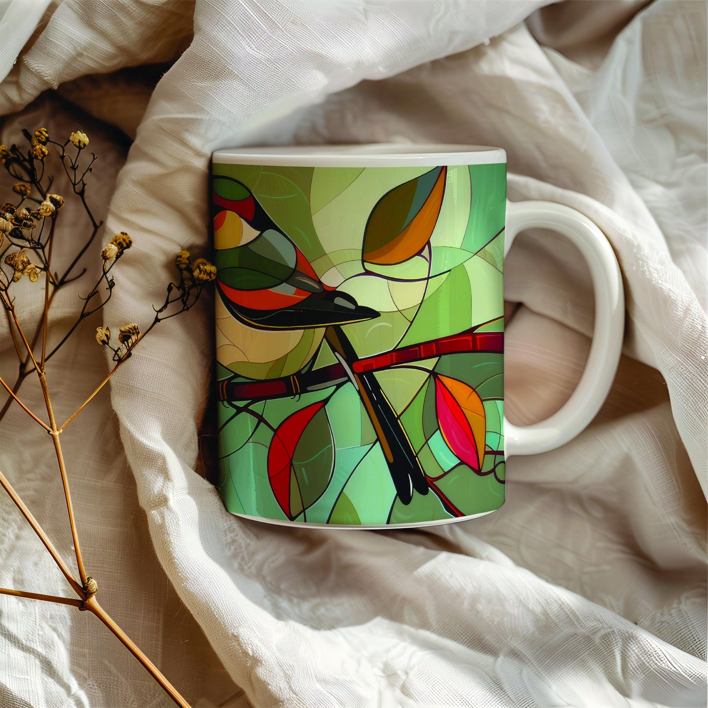 Birds Stained Glass Mug, Perfect Gift for Bird Enthusiast, Nature Lover, Ceramic 11 Oz Birds Coffee Mug, Tea Cup With Bird Image