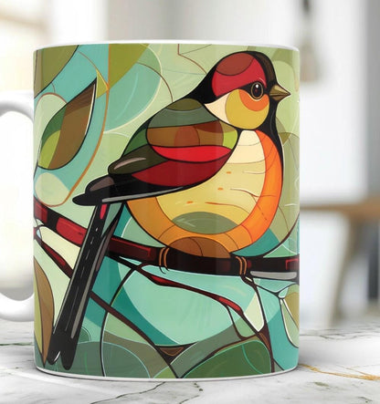 Birds Stained Glass Mug, Perfect Gift for Bird Enthusiast, Nature Lover, Ceramic 11 Oz Birds Coffee Mug, Tea Cup With Bird Image, Ornithologist Gift
