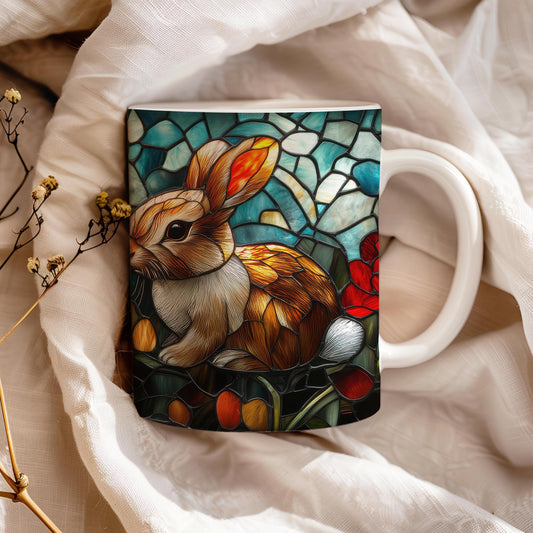 Easter Bunny Stained Glass Effect Mug, Animal Lover Tea Cup, Gift for Rabbit Lover, Ceramic Mug 11 Oz, Birthday Present for Mom