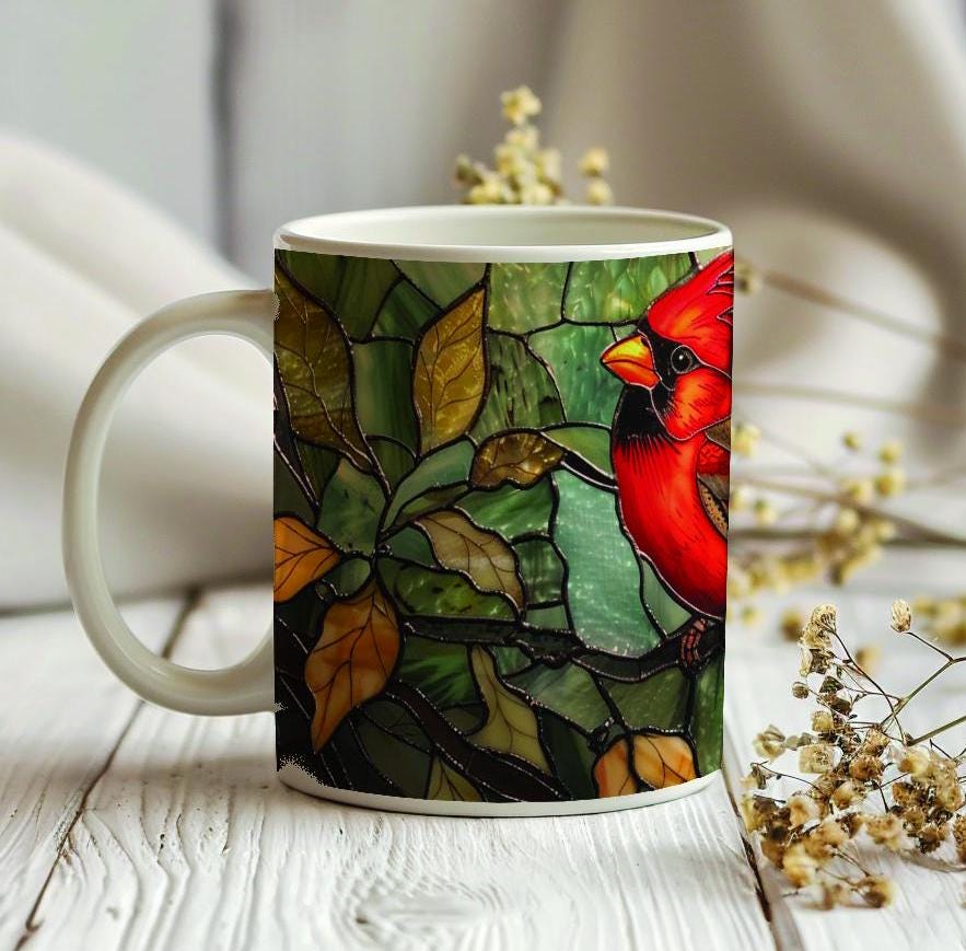 Cardinal bird 11 oz ceramic coffee mug with stained glass effect design
