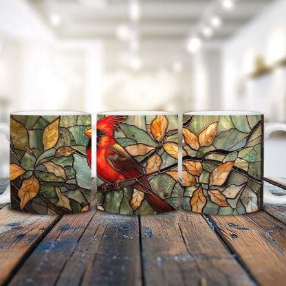 Cardinal bird 11 oz ceramic coffee mug with stained glass effect design