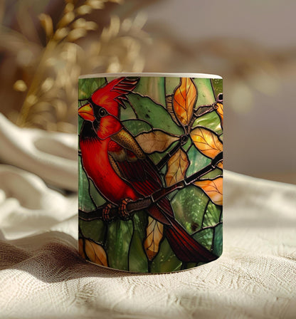 Cardinal bird 11 oz ceramic coffee mug with stained glass effect design