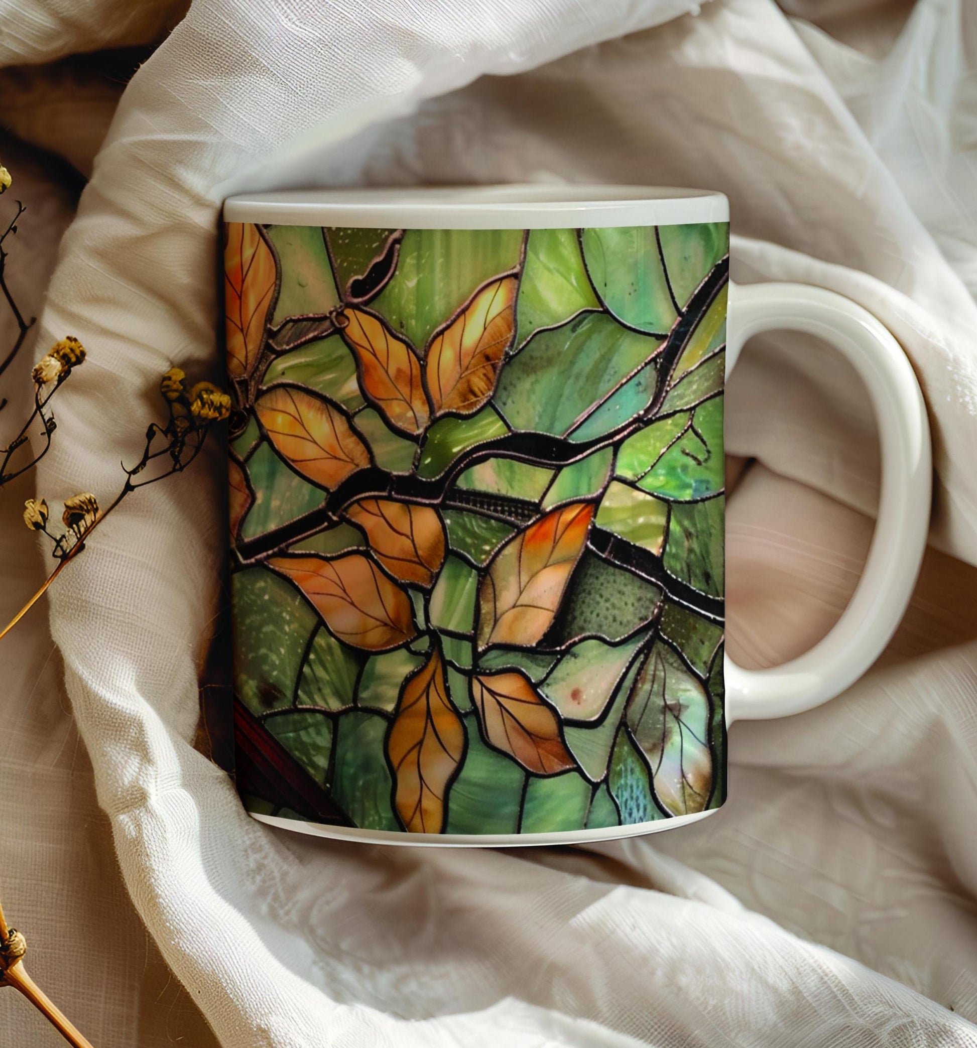 Cardinal bird 11 oz ceramic coffee mug with stained glass effect design