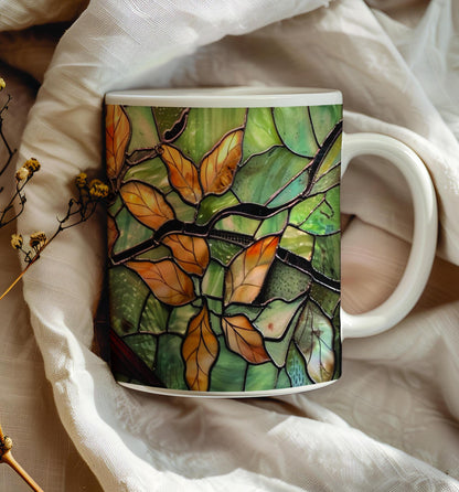 Cardinal bird 11 oz ceramic coffee mug with stained glass effect design