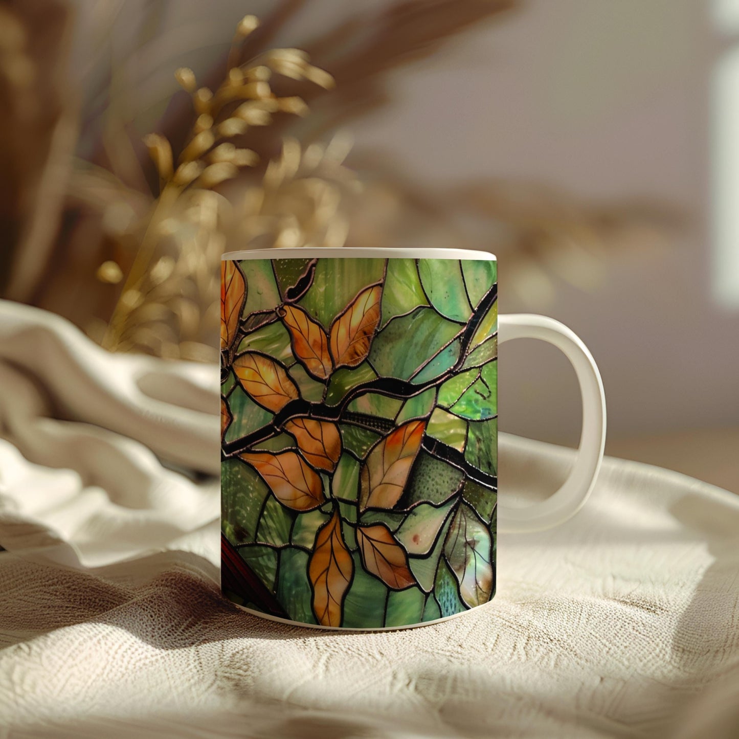 Cardinal bird 11 oz ceramic coffee mug with stained glass effect design