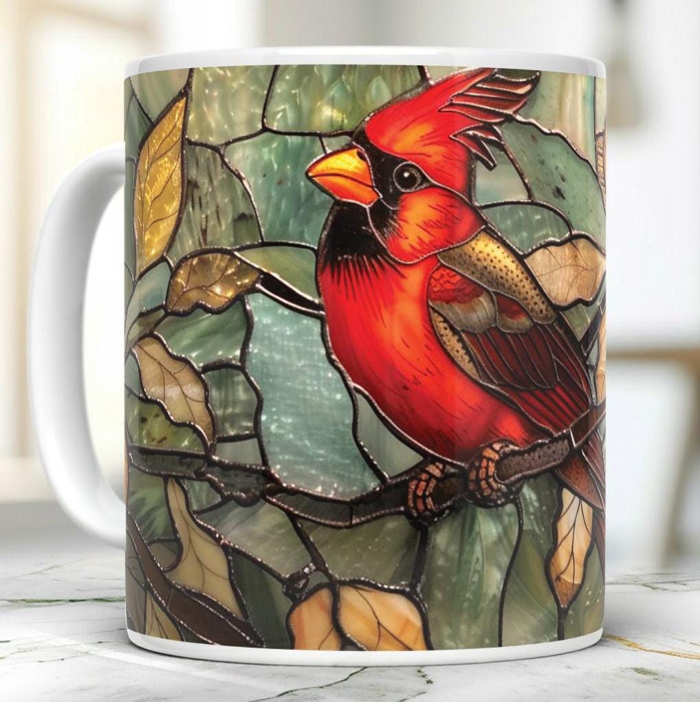 Cardinal bird 11 oz ceramic coffee mug with stained glass effect design