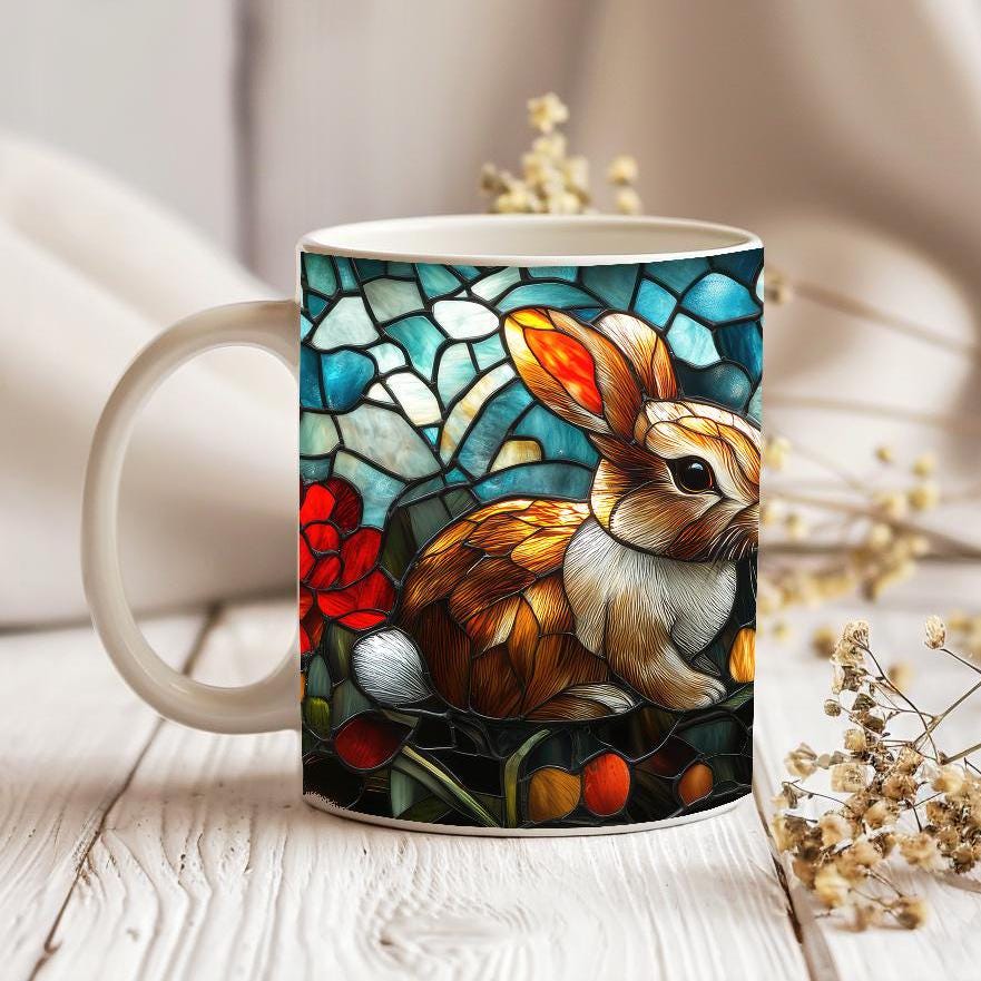 Easter Bunny Stained Glass Effect Mug, Animal Lover Tea Cup, Gift for Rabbit Lover, Ceramic Mug 11 Oz, Birthday Present for Mom