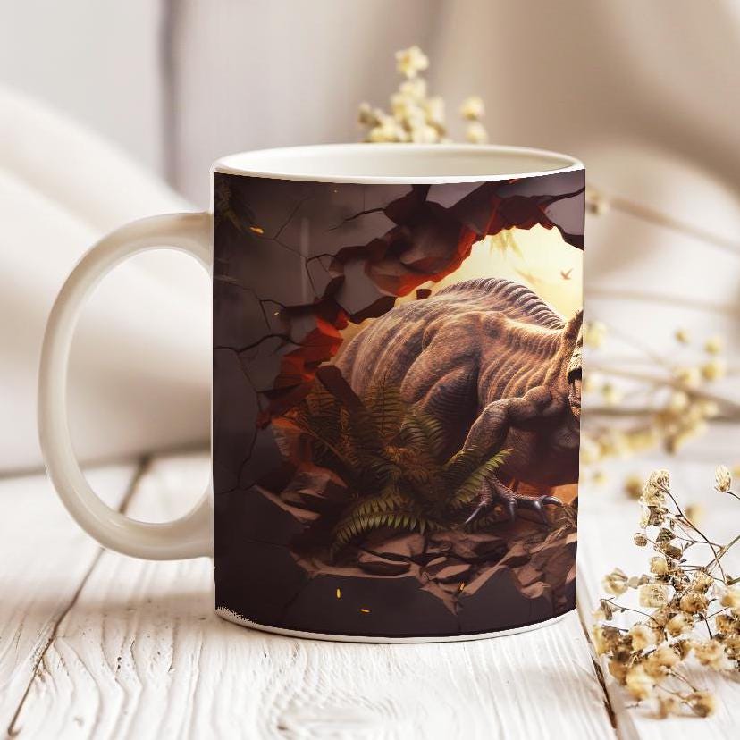 T-Rex 11 oz ceramic coffee mug with dinosaur design