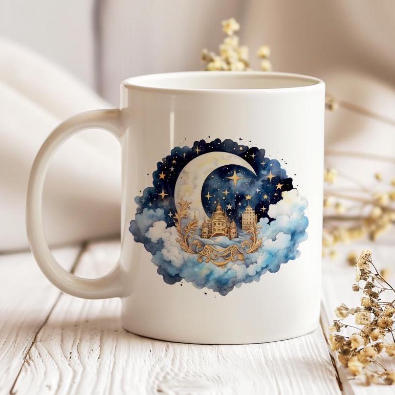 Moon and stars 11 oz ceramic coffee mug with celestial night sky design