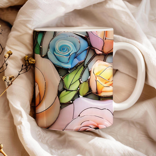 Stained Glass Roses Coffee Mug, Flowers Inspired, Watercolor Roses Bouquet, Mom's, Flowers Lover Gift, Gift for Gardener, Teacher Gift