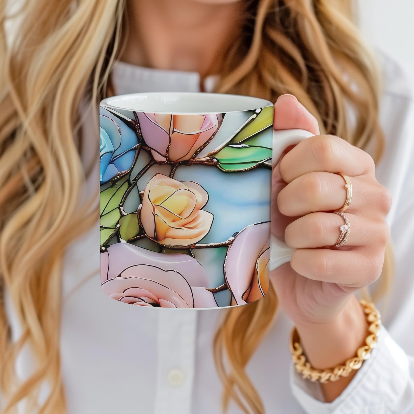 Stained Glass Roses Coffee Mug, Flowers Inspired, Watercolor Roses Bouquet, Mom's, Flowers Lover Gift, Gift for Gardener, Teacher Gift