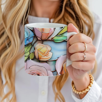Stained Glass Roses Coffee Mug, Flowers Inspired, Watercolor Roses Bouquet, Mom's, Flowers Lover Gift, Gift for Gardener, Teacher Gift