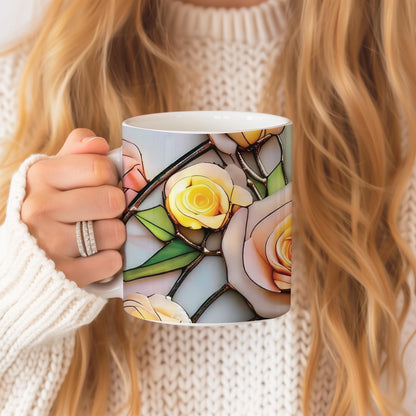 Stained Glass Roses Coffee Mug, Flowers Inspired, Watercolor Roses Bouquet, Mom's, Flowers Lover Gift, Gift for Gardener, Teacher Gift
