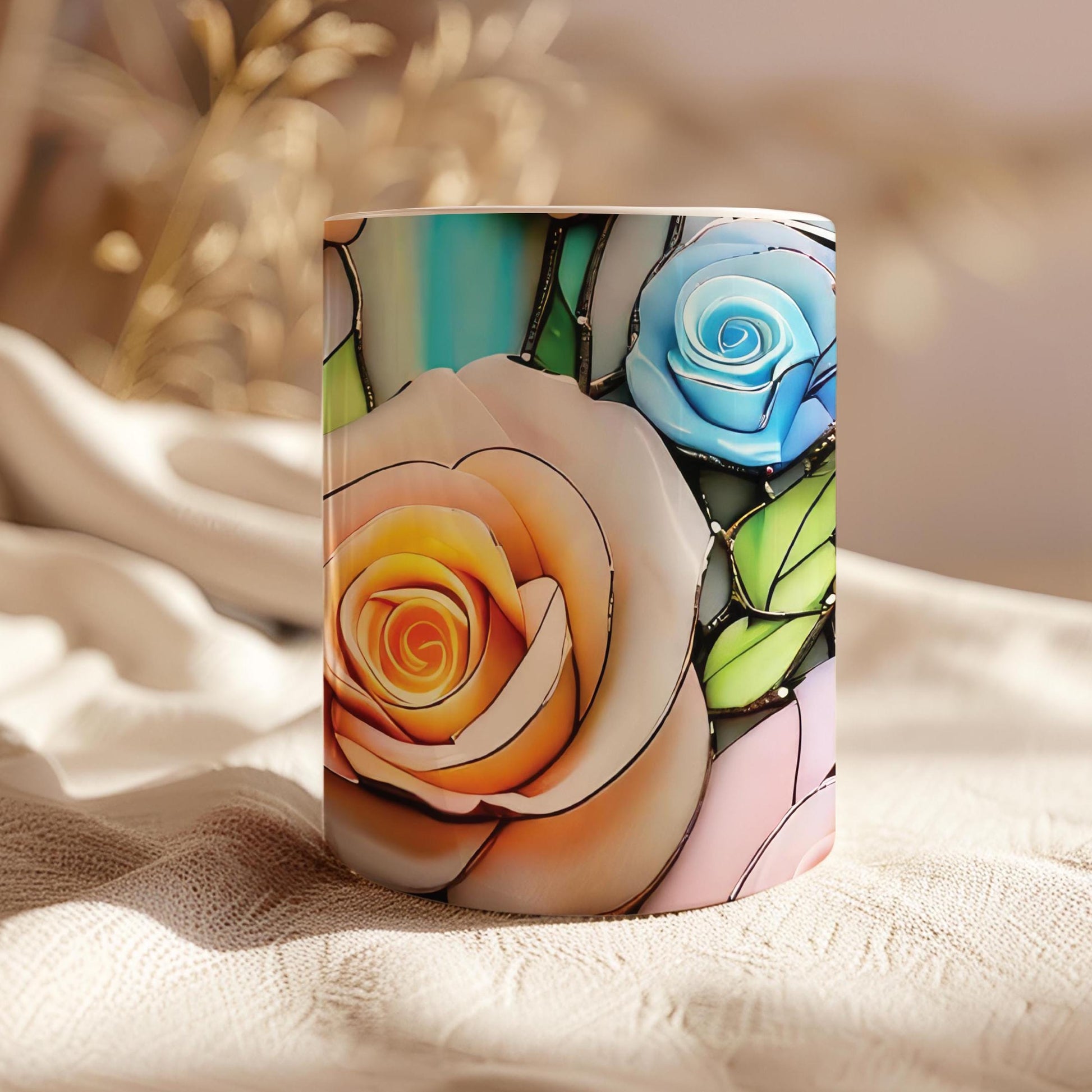 Stained Glass Roses Coffee Mug, Flowers Inspired, Watercolor Roses Bouquet, Mom's, Flowers Lover Gift, Gift for Gardener, Teacher Gift