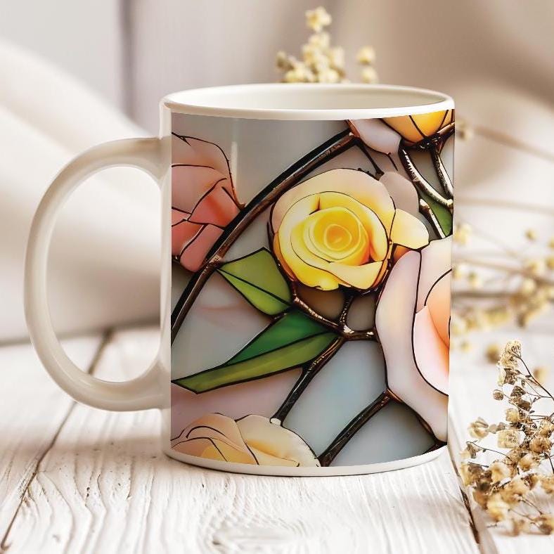 Stained Glass Roses Coffee Mug, Flowers Inspired, Watercolor Roses Bouquet, Mom's, Flowers Lover Gift, Gift for Gardener, Teacher Gift