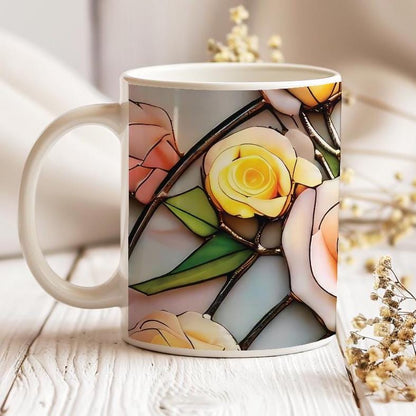 Stained Glass Roses Coffee Mug, Flowers Inspired, Watercolor Roses Bouquet, Mom's, Flowers Lover Gift, Gift for Gardener, Teacher Gift