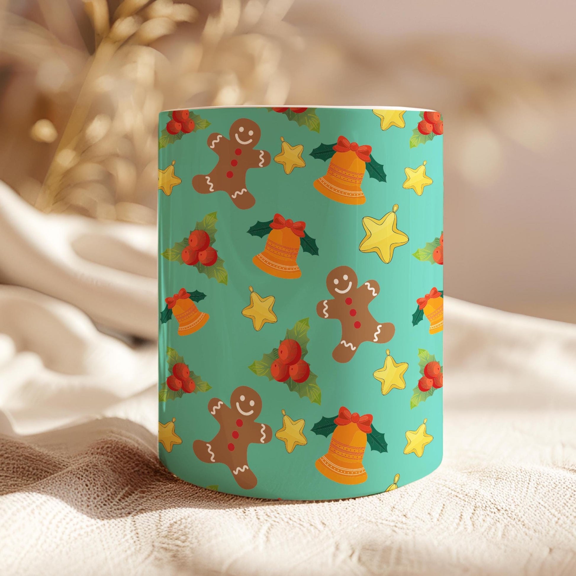 Christmas green 11 oz ceramic coffee mug for holiday drinks