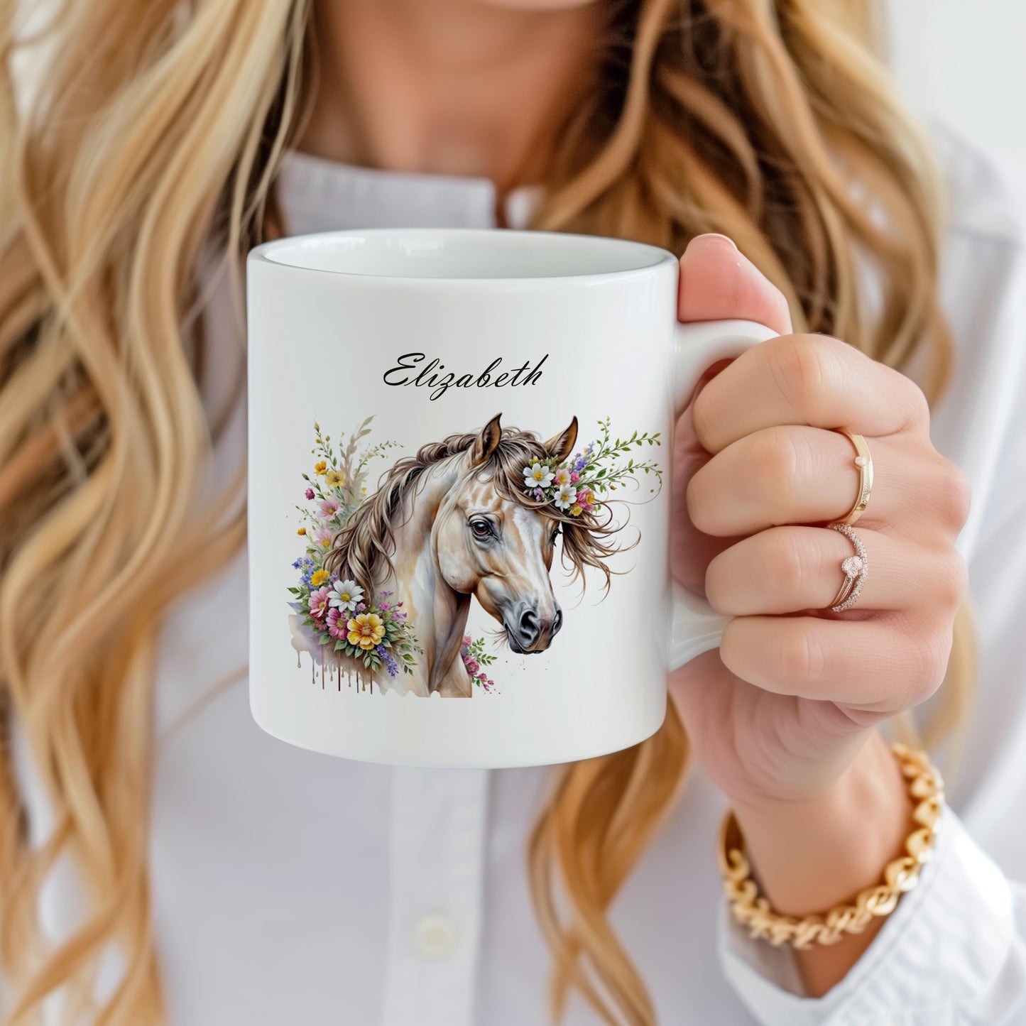 Custom horse 11 oz ceramic coffee mug with personalized horse portrait design