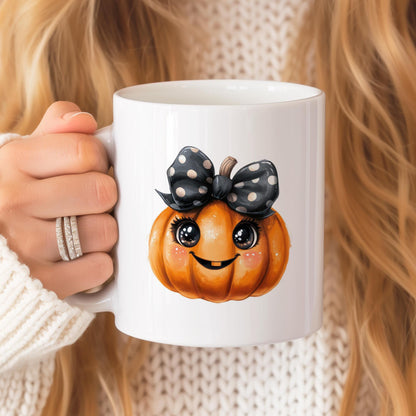 Pumpkin Mug, Fall Ceramic Tea Cup With Orange Pumpkin and Black Bow, Funny Halloween Mug, Cute Autumn Coffee Mug, Fall Borned Gift Idea