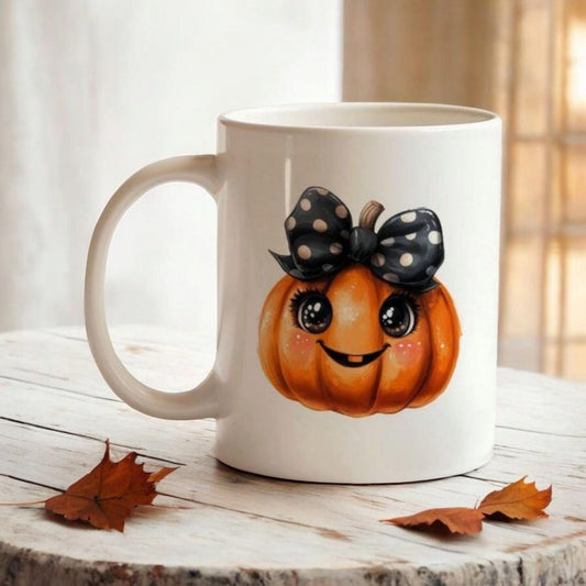 Pumpkin Mug Fall, Ceramic Tea Cup with Orange Pumpkin & Black Bow, Cute Autumn Coffee Mug, Funny Halloween Gift, Fall Borned Present Idea