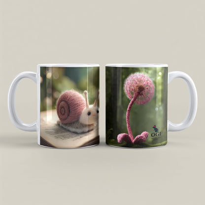 Cute snail 11 oz ceramic coffee mug with wool felt snail and dandelion design