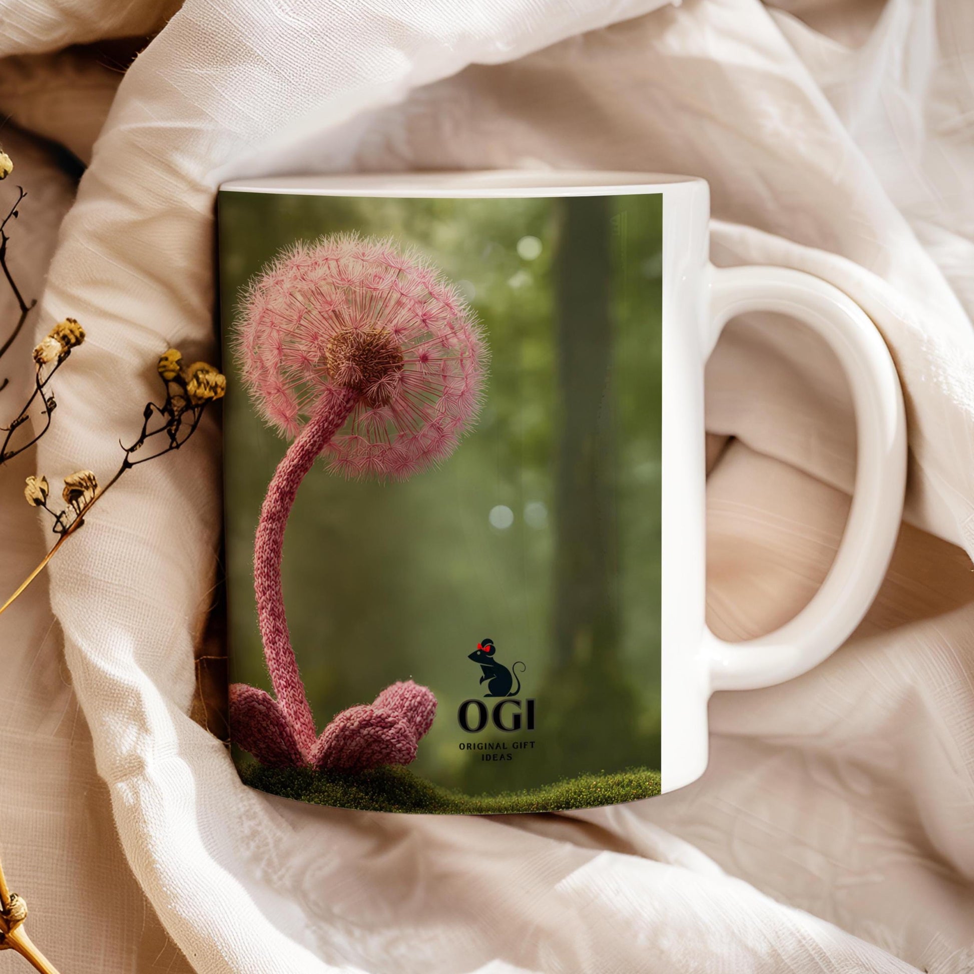 Cute snail 11 oz ceramic coffee mug with wool felt snail and dandelion design