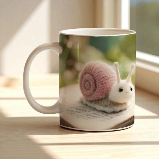 Cute snail 11 oz ceramic coffee mug with wool felt snail and dandelion design