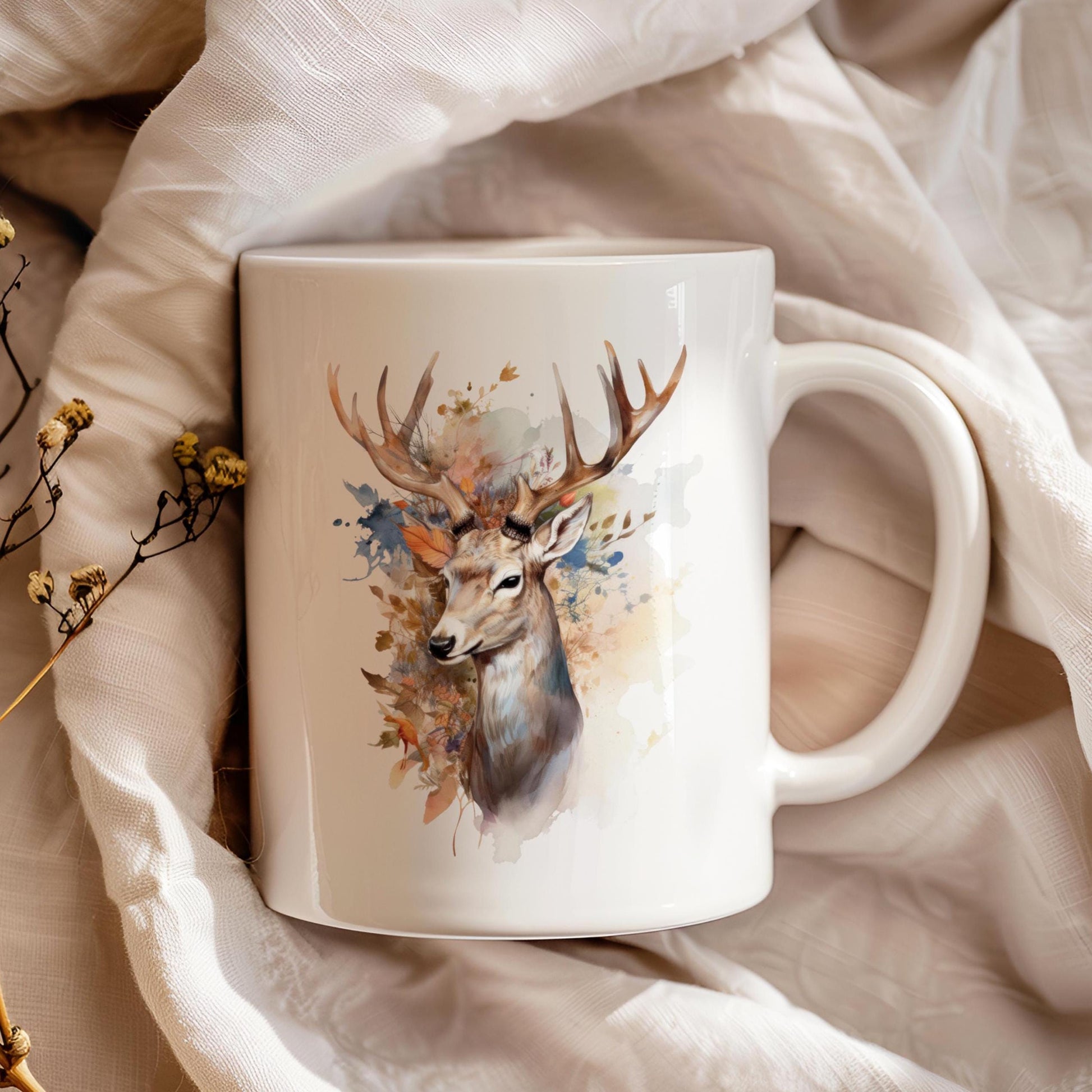 Deer 11 oz ceramic coffee mug with forest inspired wildlife design