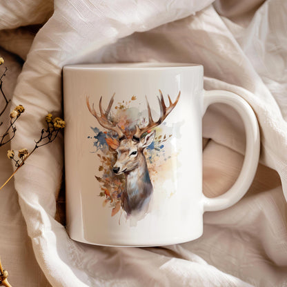 Deer 11 oz ceramic coffee mug with forest inspired wildlife design