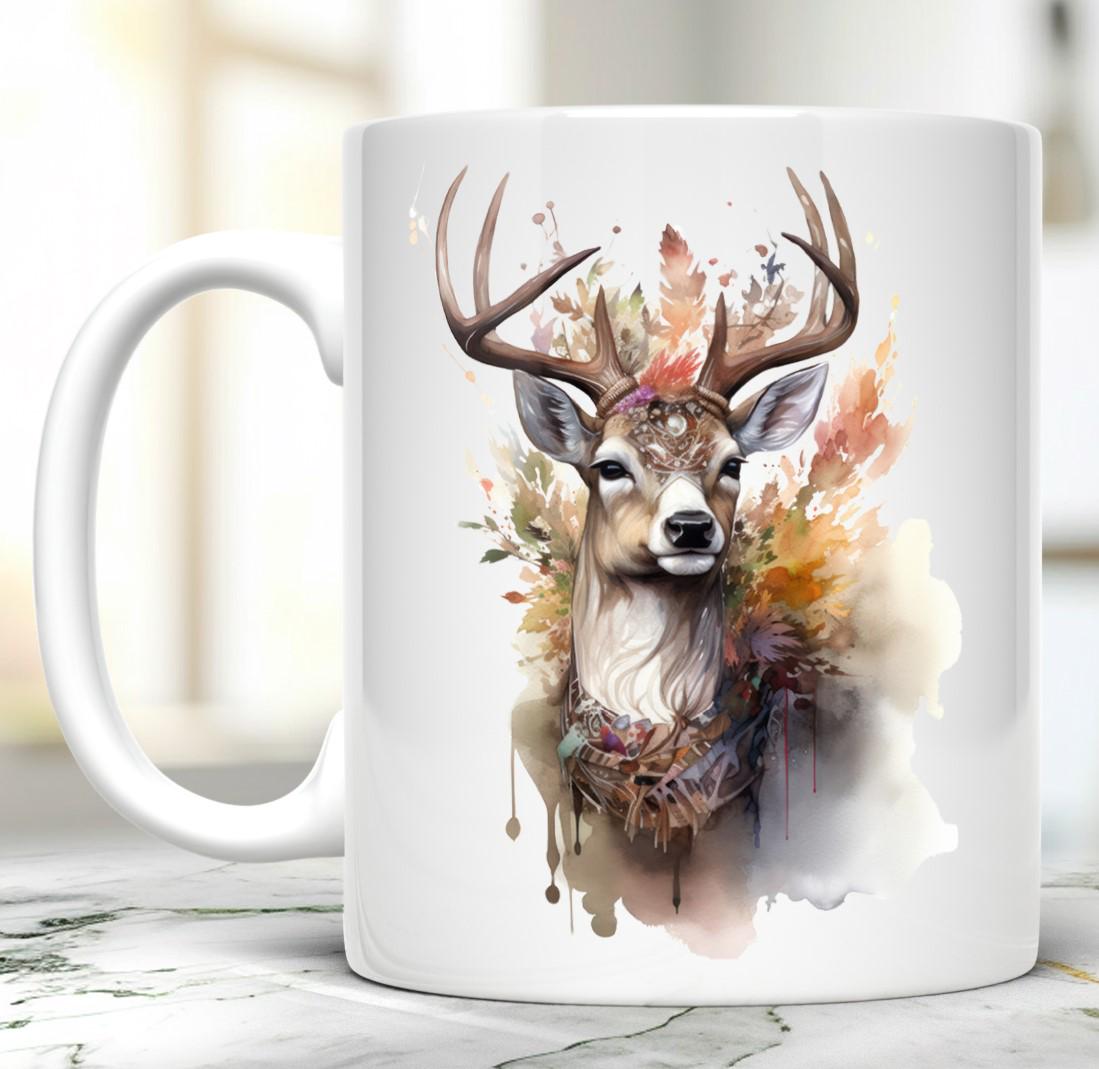 Deer 11 oz ceramic coffee mug with forest inspired wildlife design
