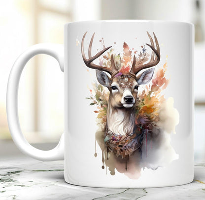 Deer 11 oz ceramic coffee mug with forest inspired wildlife design