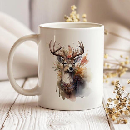 Deer 11 oz ceramic coffee mug with forest inspired wildlife design