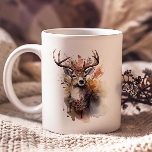 Deer 11 oz ceramic coffee mug with forest inspired wildlife design
