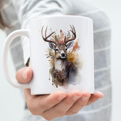 Deer 11 oz ceramic coffee mug with forest inspired wildlife design