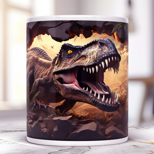 T-Rex 11 oz ceramic coffee mug with dinosaur design