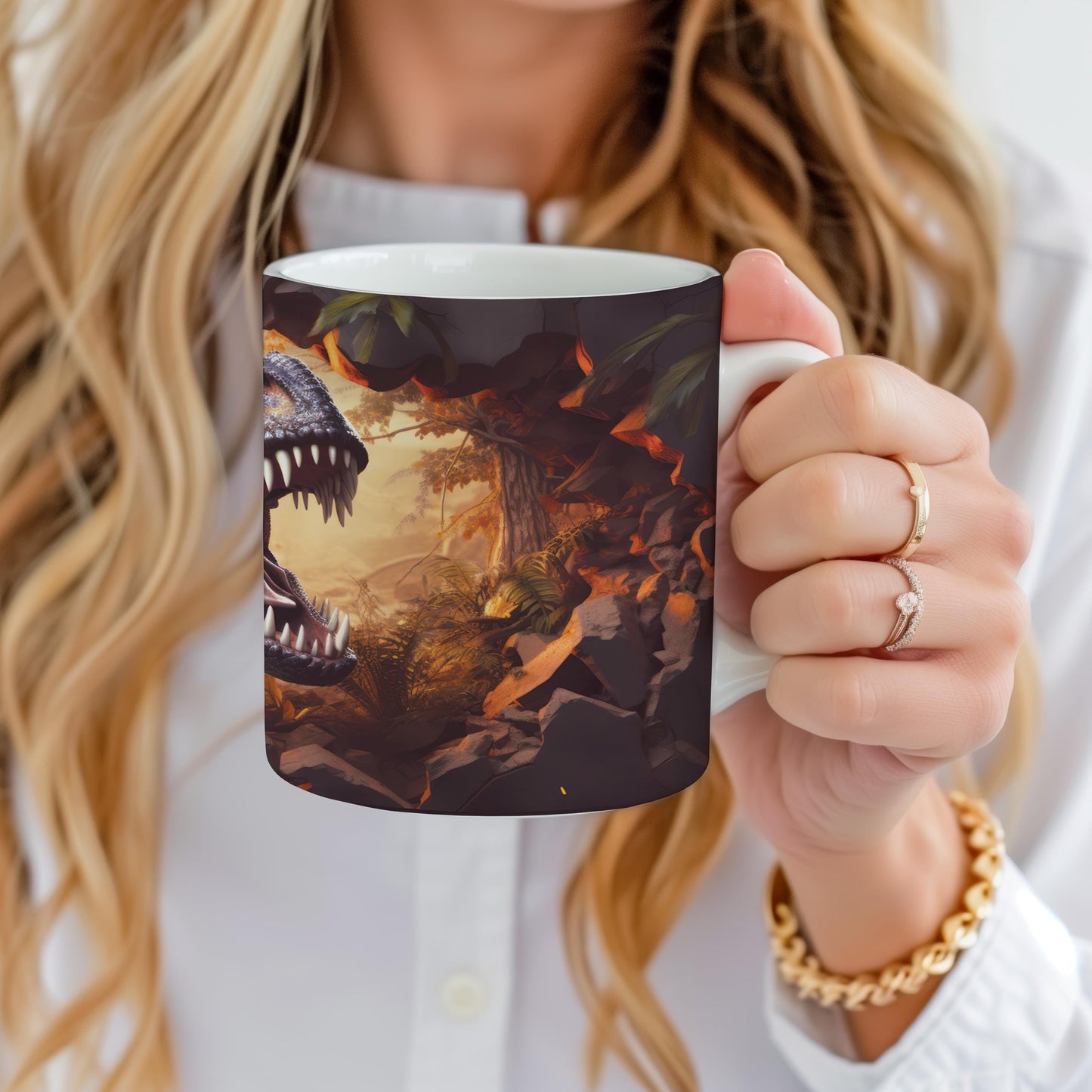 T-Rex 11 oz ceramic coffee mug with dinosaur design