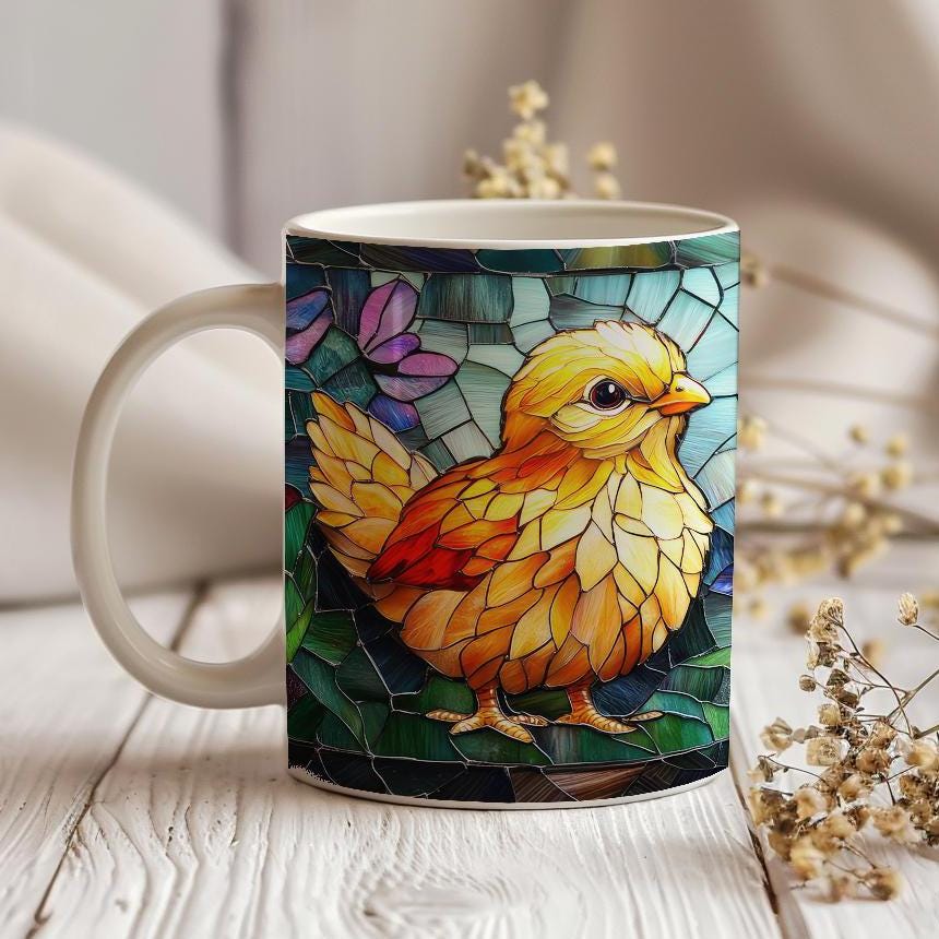 Easter Chicken Stained Glass Effect Mug, Birds Lover Tea Cup, Farm Lover Gift, Ceramic Mug 11 Oz, Farm Birds, Easter Lover Gift