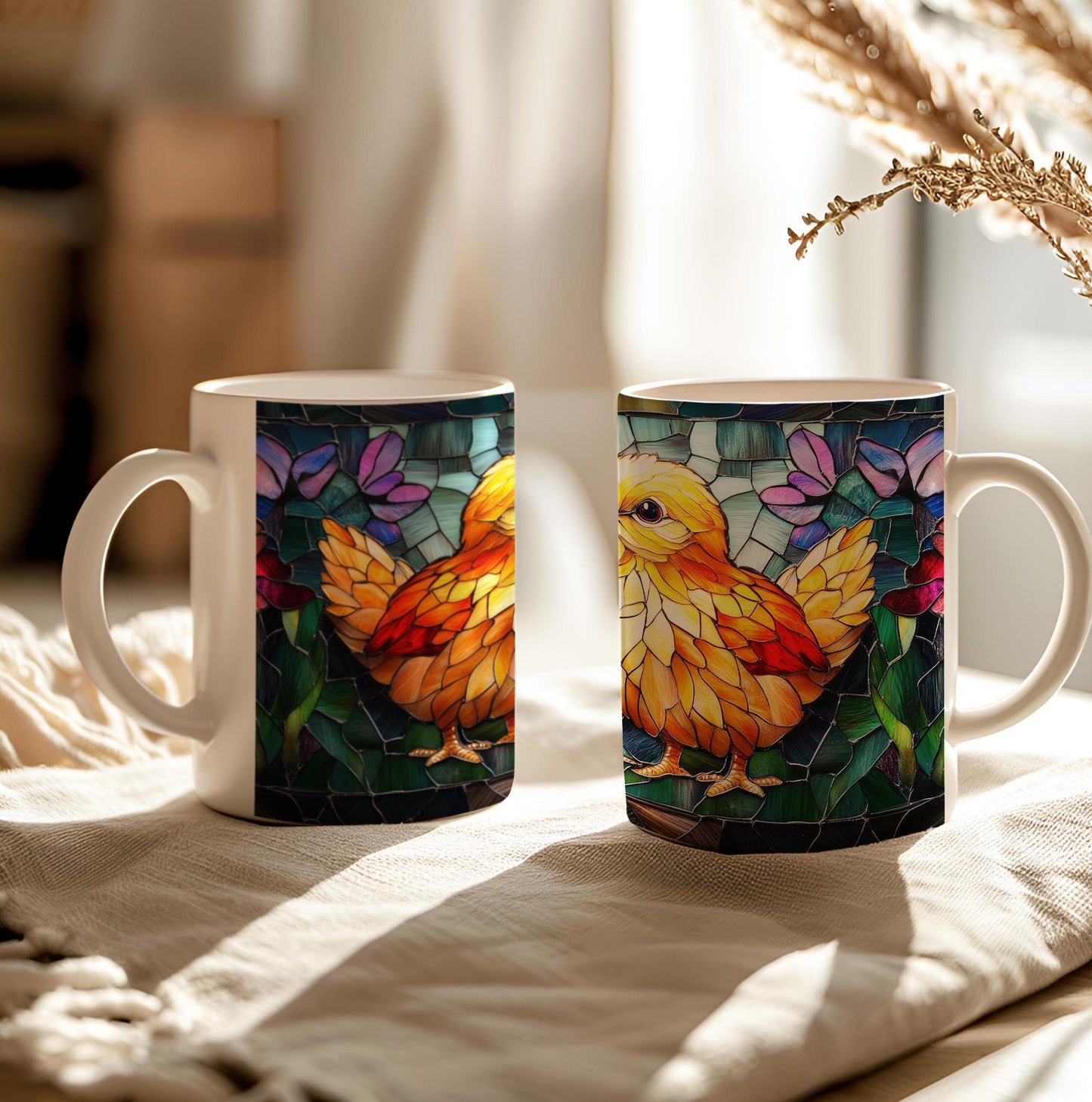 Easter Chicken Stained Glass Effect Mug, Birds Lover Tea Cup, Farm Lover Gift, Ceramic Mug 11 Oz, Farm Birds, Easter Lover Gift