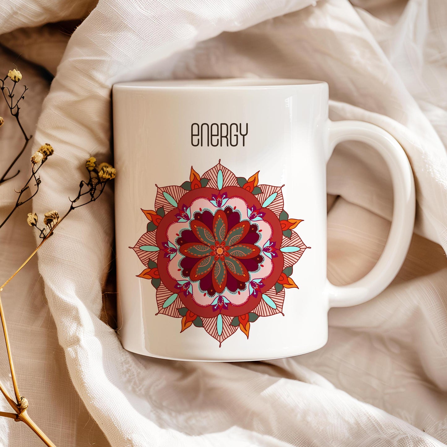 Oriental Mug, Energy Mandala Tea Cup, Gift for Yoga Enthusiast, Ceramic Mug 11 Oz, Oriental Arts Lover Mug, Mandala Mug, Coffee Lover Gift
