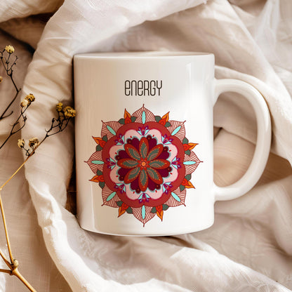 Oriental Mug, Energy Mandala Tea Cup, Gift for Yoga Enthusiast, Ceramic Mug 11 Oz, Oriental Arts Lover Mug, Mandala Mug, Coffee Lover Gift