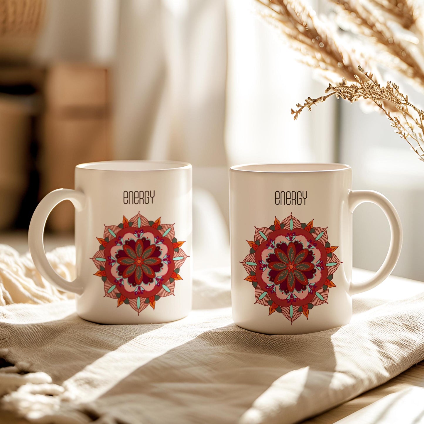 Oriental Mug, Energy Mandala Tea Cup, Gift for Yoga Enthusiast, Ceramic Mug 11 Oz, Oriental Arts Lover Mug, Mandala Mug, Coffee Lover Gift