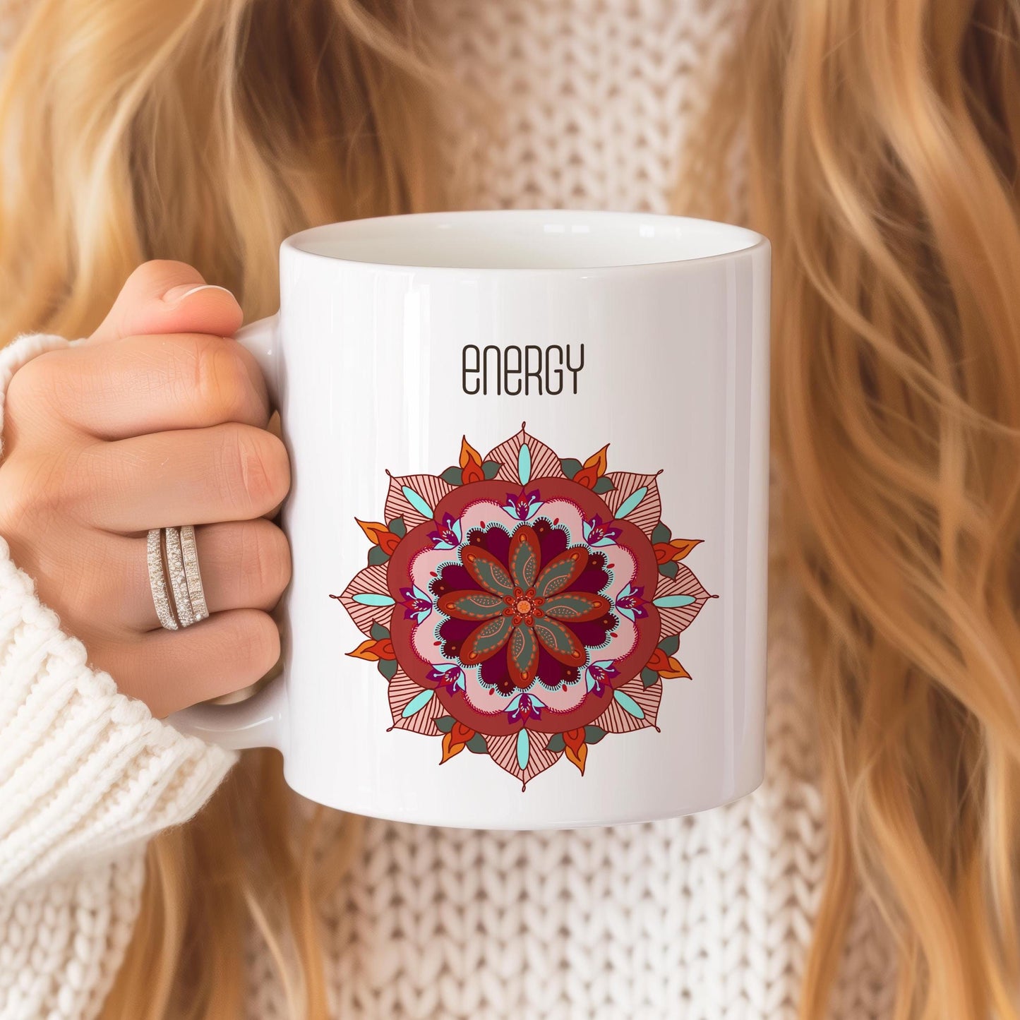 Oriental Mug, Energy Mandala Tea Cup, Gift for Yoga Enthusiast, Ceramic Mug 11 Oz, Oriental Arts Lover Mug, Mandala Mug, Coffee Lover Gift