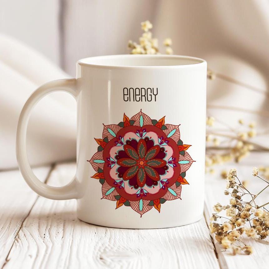 Oriental Mug, Energy Mandala Tea Cup, Gift for Yoga Enthusiast, Ceramic Mug 11 Oz, Oriental Arts Lover Mug, Mandala Mug, Coffee Lover Gift